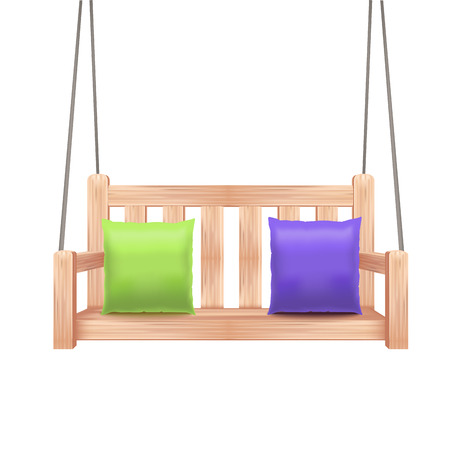 Realistic 3d Detailed Wooden Swing Bench Outdoor Summer Furniture for Garden, Terrace, Playground or Park. Vector illustrationのイラスト素材