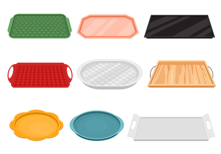 Cartoon Color Empty Food Tray Icon Set Flat Design. Vector illustration of Rectangle and Round Clean Equipment for Kitchen Serviceのイラスト素材