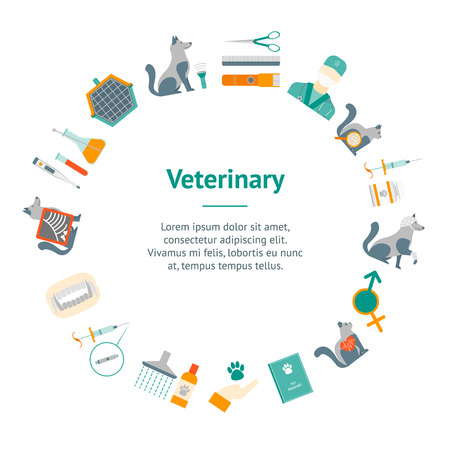 Cartoon Veterinary and Grooming Banner Card Circle Concept Flat Design Style Include of Service and Accessory. Vector illustrationのイラスト素材