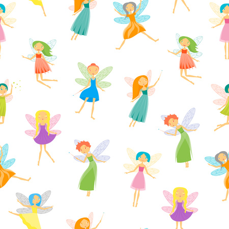 Cartoon Characters Fairies Seamless Pattern Background on a White Cute Fantasy Magic Girls with Wings Concept Element Flat Design Style. Vector illustration of Fairyのイラスト素材
