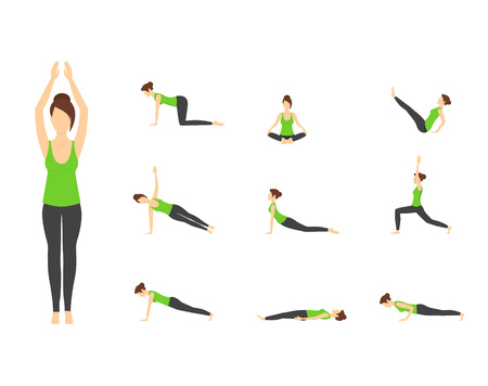 Cartoon Woman n Green Top Yoga Poses Icons Set Fitness Exercise for Female Body Concept Flat Design Style. Vector illustration of Poseのイラスト素材