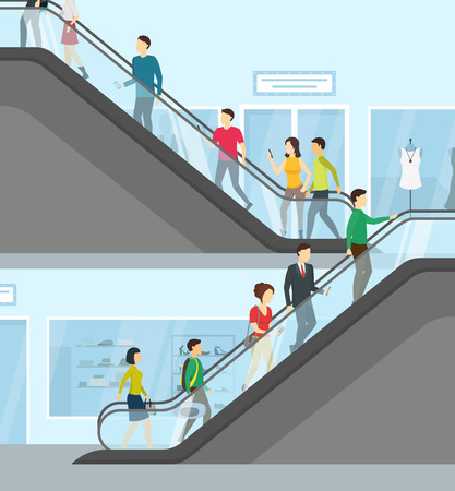 Cartoon Supermarket People Moving Up and Down Card Poster Escalator in Interior Shop Concept Element Flat Design Style. Vector illustrationのイラスト素材