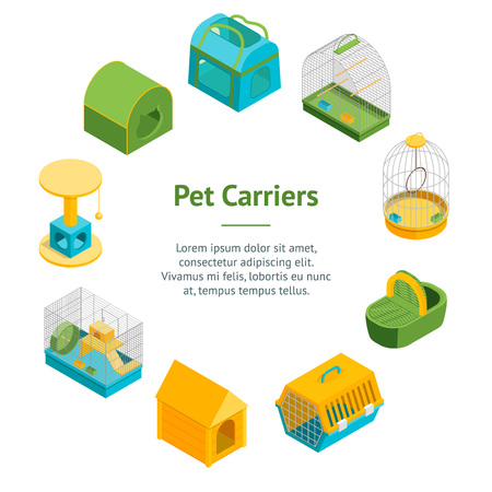 Pet Carriers 3d Banner Card Circle Isometric View Domestic Animal Portable Bag and Cage Concept. Vector illustration of Carrierのイラスト素材