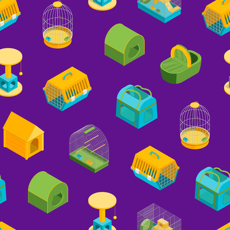 Pet Carriers Signs 3d Seamless Pattern Background Isometric View Domestic Animal Portable Bag and Cage Concept. Vector illustration of Carrierのイラスト素材