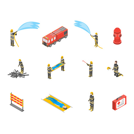 Firefighter and Fire Concept Icons 3d Isometric View Emergency Danger. Vector illustration of Fireman Element Iconのイラスト素材