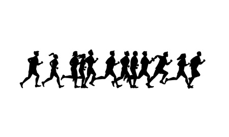Cartoon Silhouette Black Jogging Characters People Set Concept Sport Element Flat Design Style. Vector illustration of Man and Woman Runner Marathonのイラスト素材