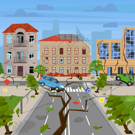 Cartoon Earthquake Disaster Concept Card Poster. Vectorのイラスト素材