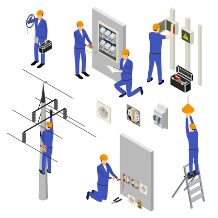 Character Electrician in Uniform and Professional Equipment 3d Icon Set Isometric View. Vector illustration of Electric Serviceのイラスト素材