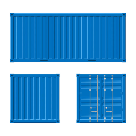 Realistic 3d Detailed Blue Cargo Container Set for Freight Transport Industry Shipping, Storage and Delivery. Vector illustrationのイラスト素材
