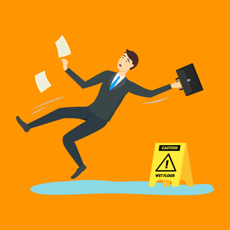Cartoon Caution Wet Floor with Character Businessman Scene Warning Concept Element Flat Design Style. Vector illustrationのイラスト素材
