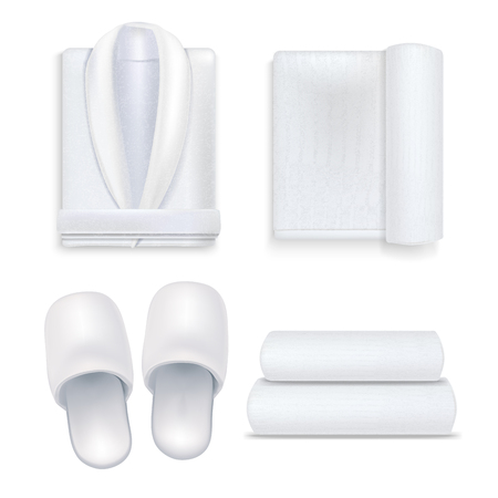 Realistic 3d Detailed White Hotel or Spa Bathroom Set Include of Towel, Slippers and Bathrobe. Vector illustrationのイラスト素材