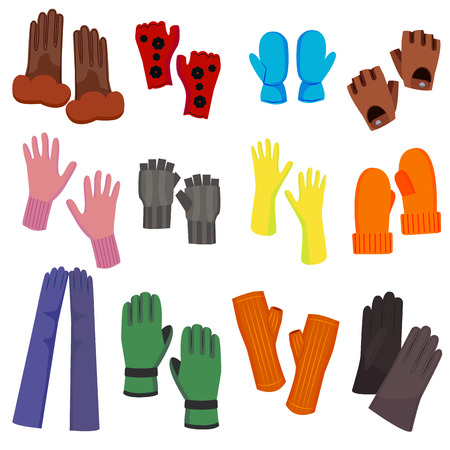 Cartoon Color Woolen Mittens Different Types Set Winter Cloth Concept Element Flat Design Style. Vector illustration of Mitten and Gloveのイラスト素材