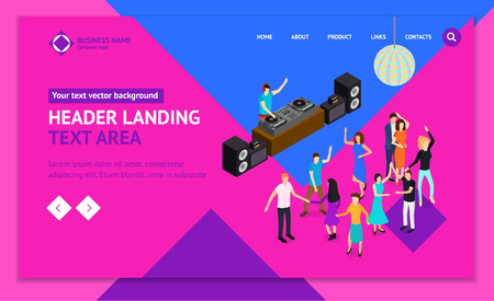 DJ Club Bar Concept 3d Landing Web Page Template Isometric View Elements of Music Party and Disco Vinyl Dance. Vector illustration of Entertainmentのイラスト素材