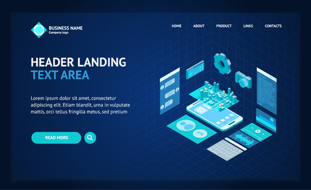 Mobile Phone Concept Landing Web Page Template 3d Isometric View. Vectorのイラスト素材
