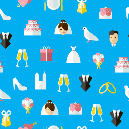 Cartoon Wedding Symbols Seamless Pattern Background on a Blue Concept Ceremony Marriage Element Flat Design Style. Vector illustration of Celebration Iconのイラスト素材