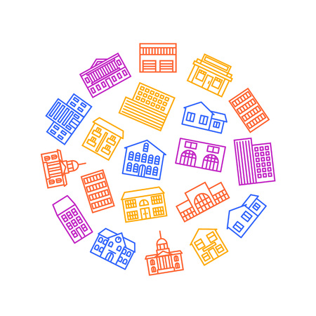 Property House Signs Thin Line Round Design Template Ad Include of Building, Construction, Hotel, Cottage and Skyscraper. Vector illustrationのイラスト素材