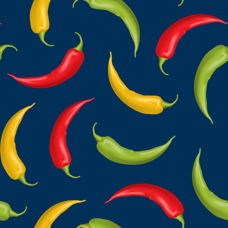 Realistic Detailed 3d Whole Hot Chili Pepper Seamless Pattern Background Spice Ingredient of Food. Vector illustration of Spicy Elementのイラスト素材