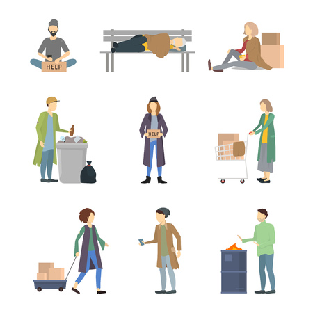 Cartoon Characters Homeless People Different Types Set Needy in Social Help Concept. Vector illustration of Poor and Dirty Personのイラスト素材