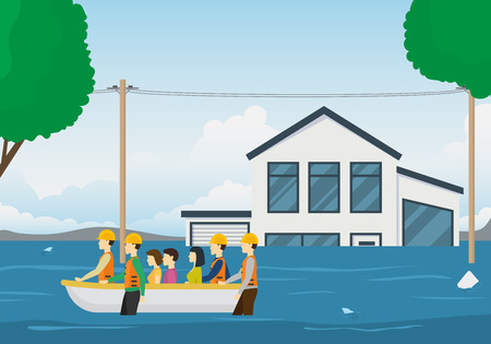 Cartoon Rescue Boat Team Card Background Landscape Emergency and Survival Elements Scene Concept Flat Design. Vector illustrationのイラスト素材