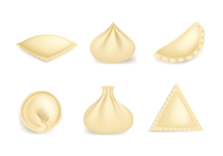 Realistic 3d Detailed Dumplings Set Traditional Tasty Food Asian Homemade National Cuisine. Vector illustration of Dumpling, Ravioli, Khinkaliのイラスト素材