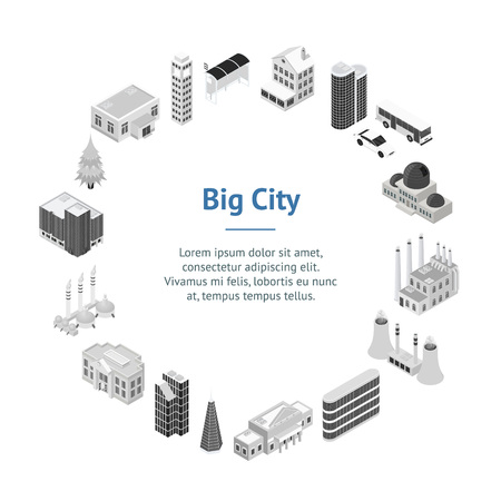 City Map Concept Banner Card Circle 3d Isometric View Construction Architecture Buildings. Vector illustration of Urban Estate Cityscape Elementsのイラスト素材
