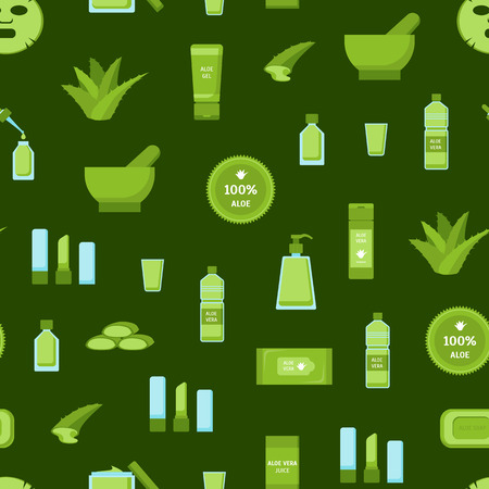 Cartoon Aloe Vera Gren Seamless Pattern Background Concept Element Flat Design Style. Vector illustration of Icons Cosmetic Organic Productのイラスト素材