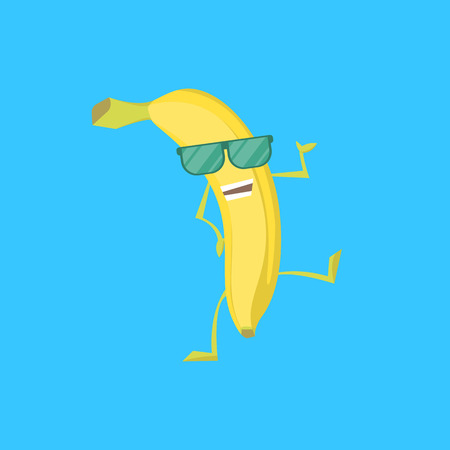 Cartoon Character Cool Funny Yellow Banana Emotion Expression Fruit Concept Element Flat Design Style. Vector illustrationのイラスト素材