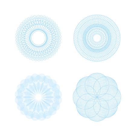 Guilloche Rosette Signs Color Thin Line Icon Set Various Types. Vector illustration of Ornament Symbol for Certificate, Diploma, Document or voucherのイラスト素材