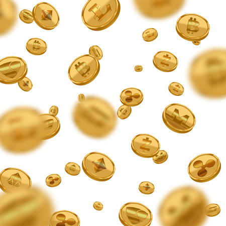 Realistic Detailed 3d Golden Cryptocurrency Bitcoin Currency on White. Vector illustration of Virtual Digital Coin Falling Moneyのイラスト素材