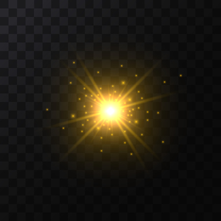 Realistic Detailed 3d Golden Star Light Sparkle on a Dark Background. Vector illustration of Magic Glittering Energy Effectのイラスト素材