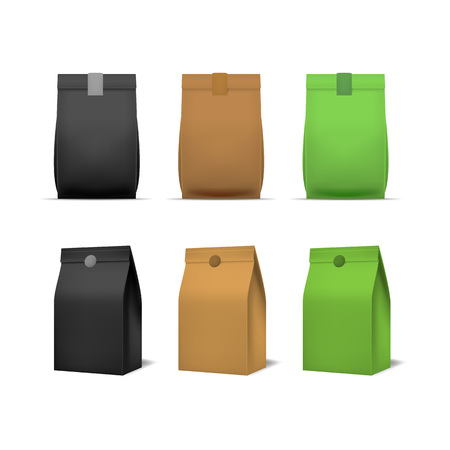 Realistic Detailed 3d Color Blank Paper Bag Food Template Mockup Set. Vector illustrationのイラスト素材
