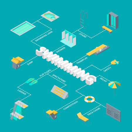 Swimming Pool Elements 3d Infographics Concept Card Poster Isometric View Include of Umbrella, Ring Lifebuoy, Shower and Closet . Vector illustration of Iconのイラスト素材