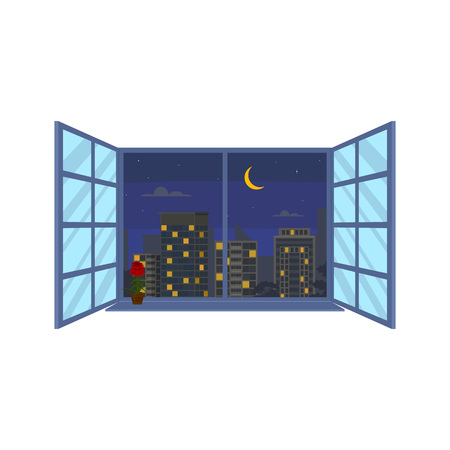 Nighttime Urban Landscape in Window Scene Concept. Vectorのイラスト素材
