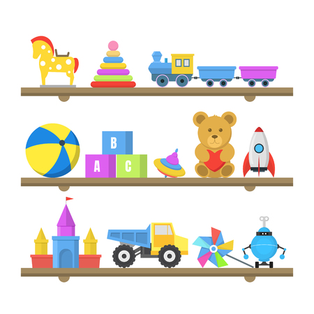 Cartoon Color Toys on Shelves Set. Vectorのイラスト素材