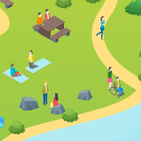 Public Park with Resting People Concept Card Poster Scene Element Web Design Style. Vector illustration of Active Leisure in Cityのイラスト素材
