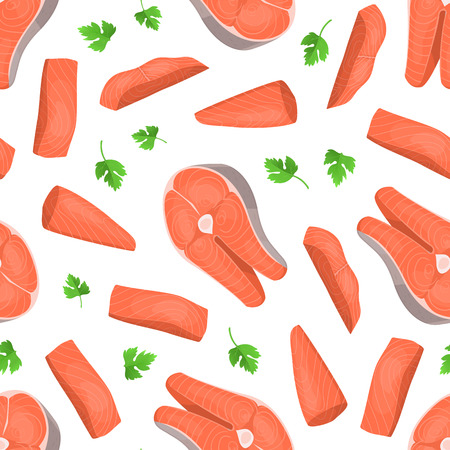 Cartoon Steak and Pieces of Salmon Seamless Pattern Background. Vectorのイラスト素材