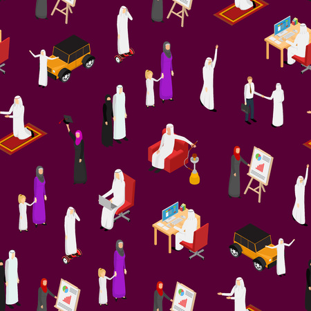 Arab Muslims People 3d Seamless Pattern Background Isometric View Include of Nationality Businesswoman, Businessman and Family. Vector illustration of Iconのイラスト素材