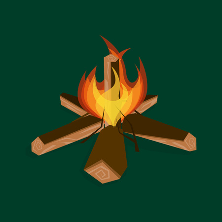 Cartoon Fire Wood and Dangerous Campfire Bonfire on a Green Firewood Concept Flat Design Style. Vector illustrationのイラスト素材