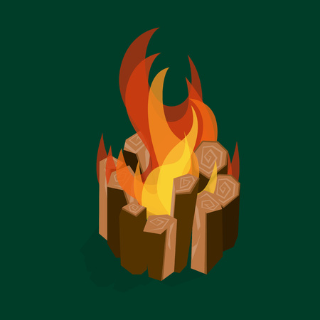 Cartoon Fire Wood and Campfire Bonfire with Tongue on a Green Firewood Concept Flat Design Style. Vector illustrationのイラスト素材