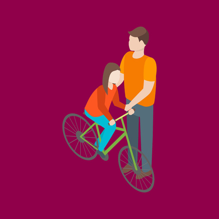 Families Spending Free Time 3d Isometric View Recreation Together. Vector illustration of Bikeのイラスト素材