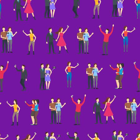 Cartoon Characters People Takes Selfie Concept Seamless Pattern Background Photography Scene Element Flat Design Style. Vector illustration of Man and Womanのイラスト素材
