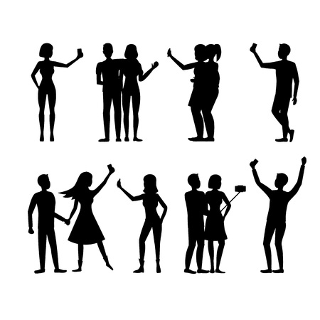 Cartoon Silhouette Black Characters People Takes Selfie Concept. Vectorのイラスト素材