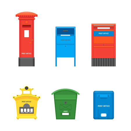 Cartoon Color Mail Box Set Post Concept Flat Design Style Symbol of Delivery Letter. Vector illustration of Mailboxのイラスト素材