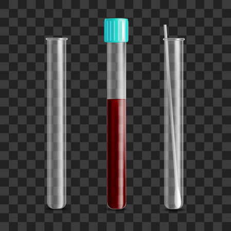Realistic 3d Detailed Blood Test Tubes Set on a Transparent Background. Vector illustration of Empty, Full and Tube with a Stickのイラスト素材