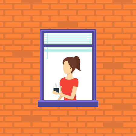 Cartoon Neighbor Character into the Window. Vectorのイラスト素材