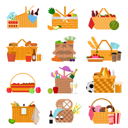 Cartoon Color Picnic Baskets Icon Set Summer Outdoor Lunch on Nature Concept Flat Design. Vector illustration of Iconsのイラスト素材
