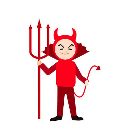 Cartoon Halloween Kid Costume Red Devil Flat Design Style. Vector illustrationのイラスト素材