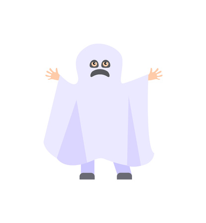 Cartoon Halloween Kid Costume White Ghost Flat Design Style. Vector illustrationのイラスト素材