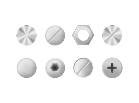 Realistic Detailed 3d Makeup Metal Screws and Bolts Set. Vectorのイラスト素材