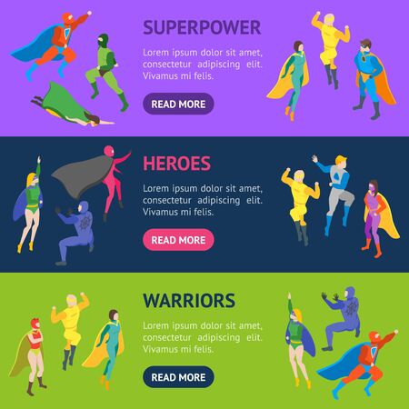 Cartoon Characters People Super Heroes Banner Horizontal Set. Vectorのイラスト素材